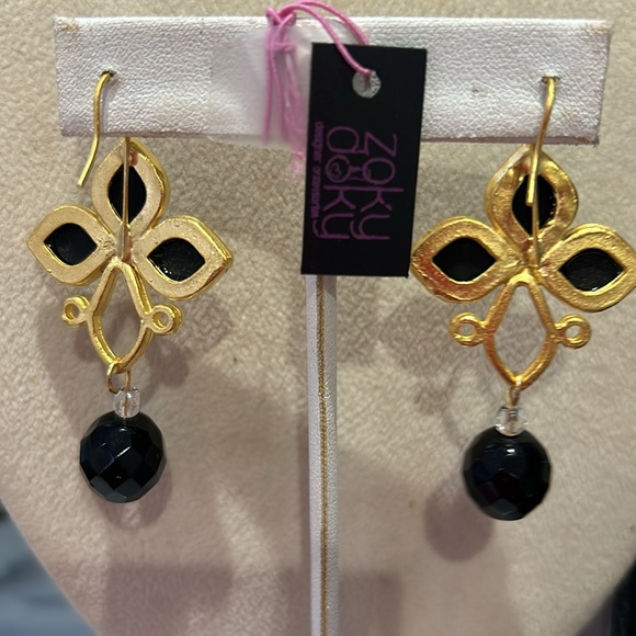 Jet Black Triple Cabochon & Matte Gold Drop Earrings-Boutique - Picture 3 of 4